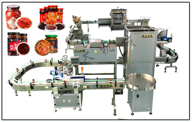 星火辣椒醬灌裝機械設備辣椒醬旋蓋套標收膜生產線灌裝樣品展示